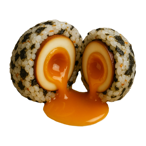 Korean mayak egg rice ball with sesame seeds and nori, isolated on white background, ready to order