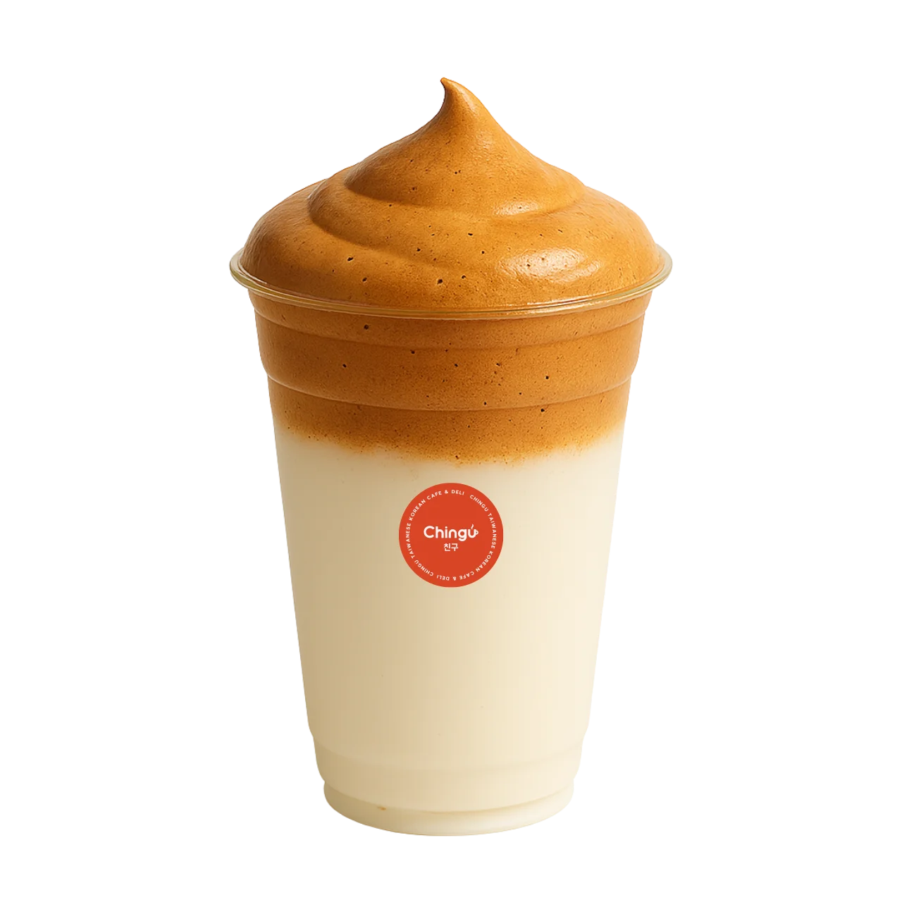 Gourmet Dalgona coffee with creamy foam, isolated on white background, perfect for food delivery or online purchase